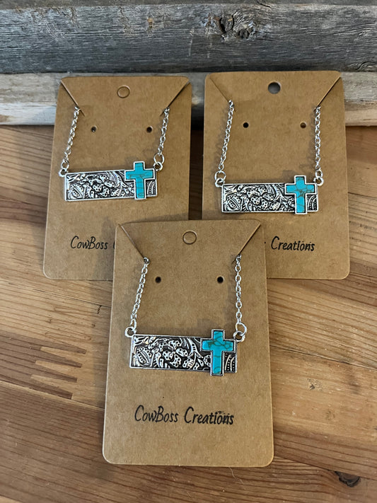 Faux Turquoise Cross Bar Necklace